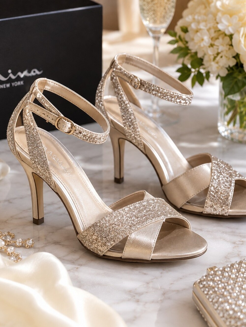 ✨ NYE Glam ✨ Nina “Venus-YS” Pearl Rose Crystal Heels | 6.5M | NIB